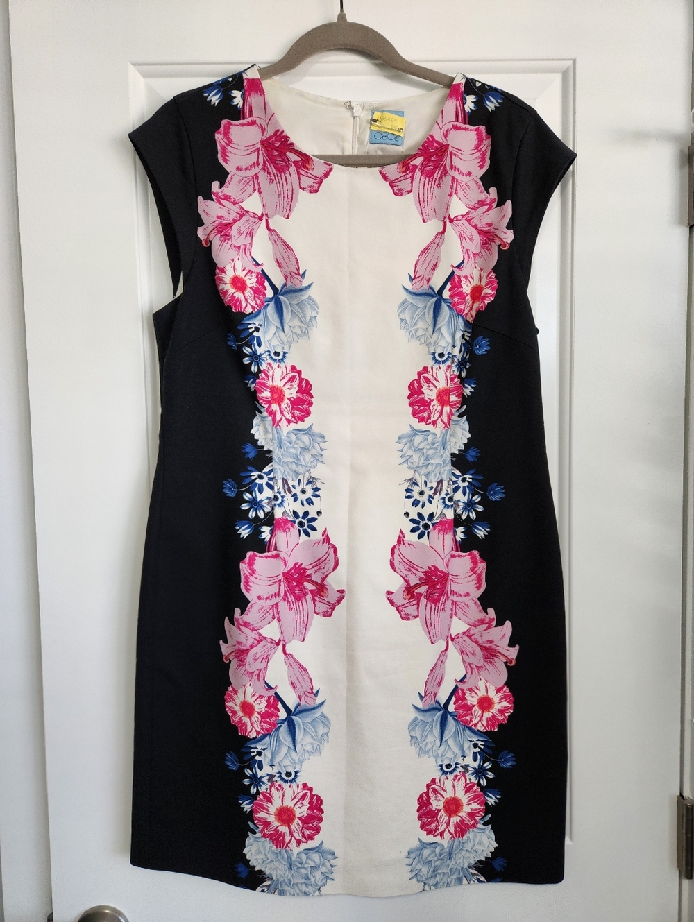 CeCe Navy, White & Pink Floral Sheath Dress